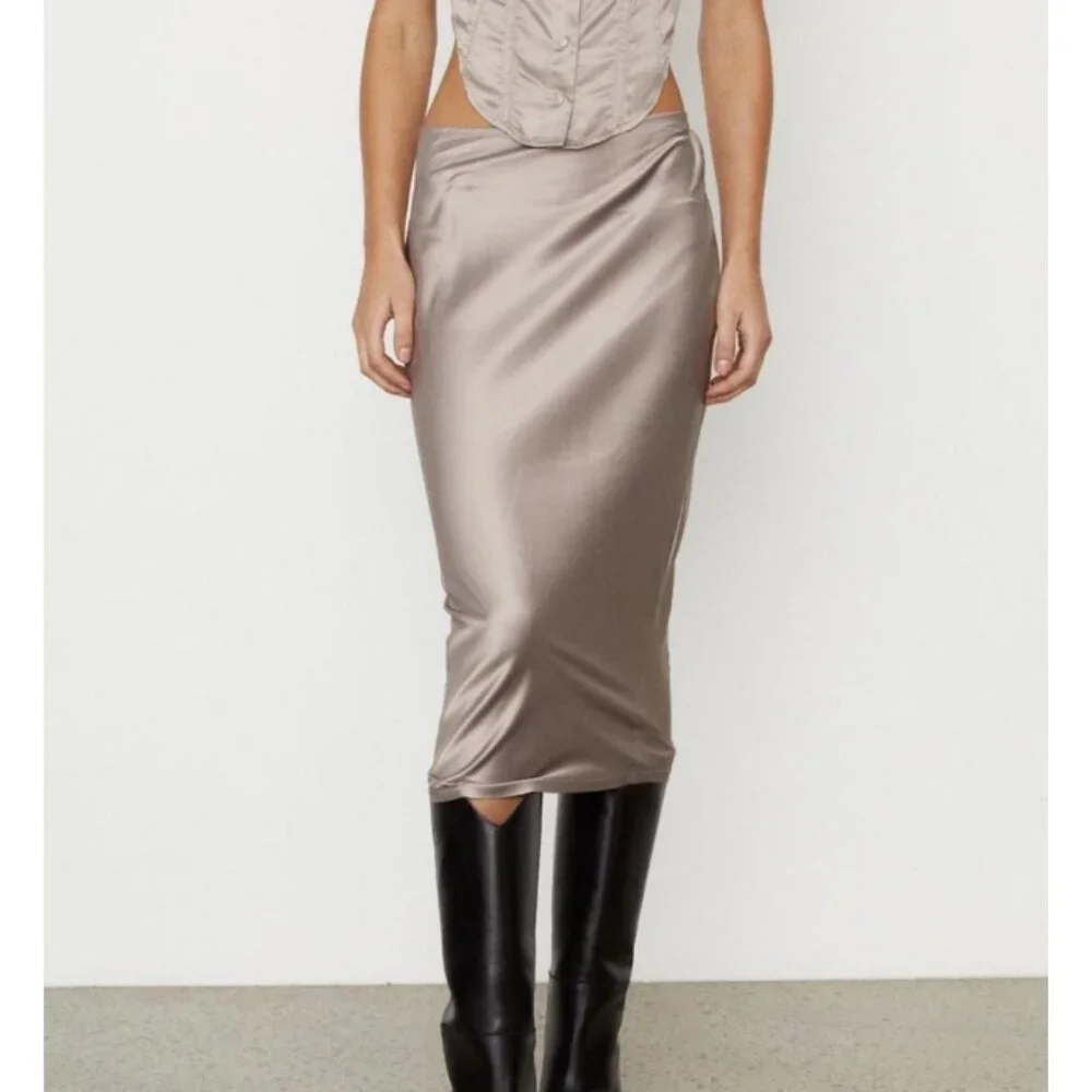 Miaou Verona Midi Skirt Back Cut-Outs Cutouts Shiny Satin Champagne Edgy Stretch